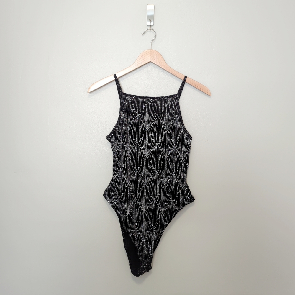H&M Silver and Black Bodysuit with Sheer Pattern